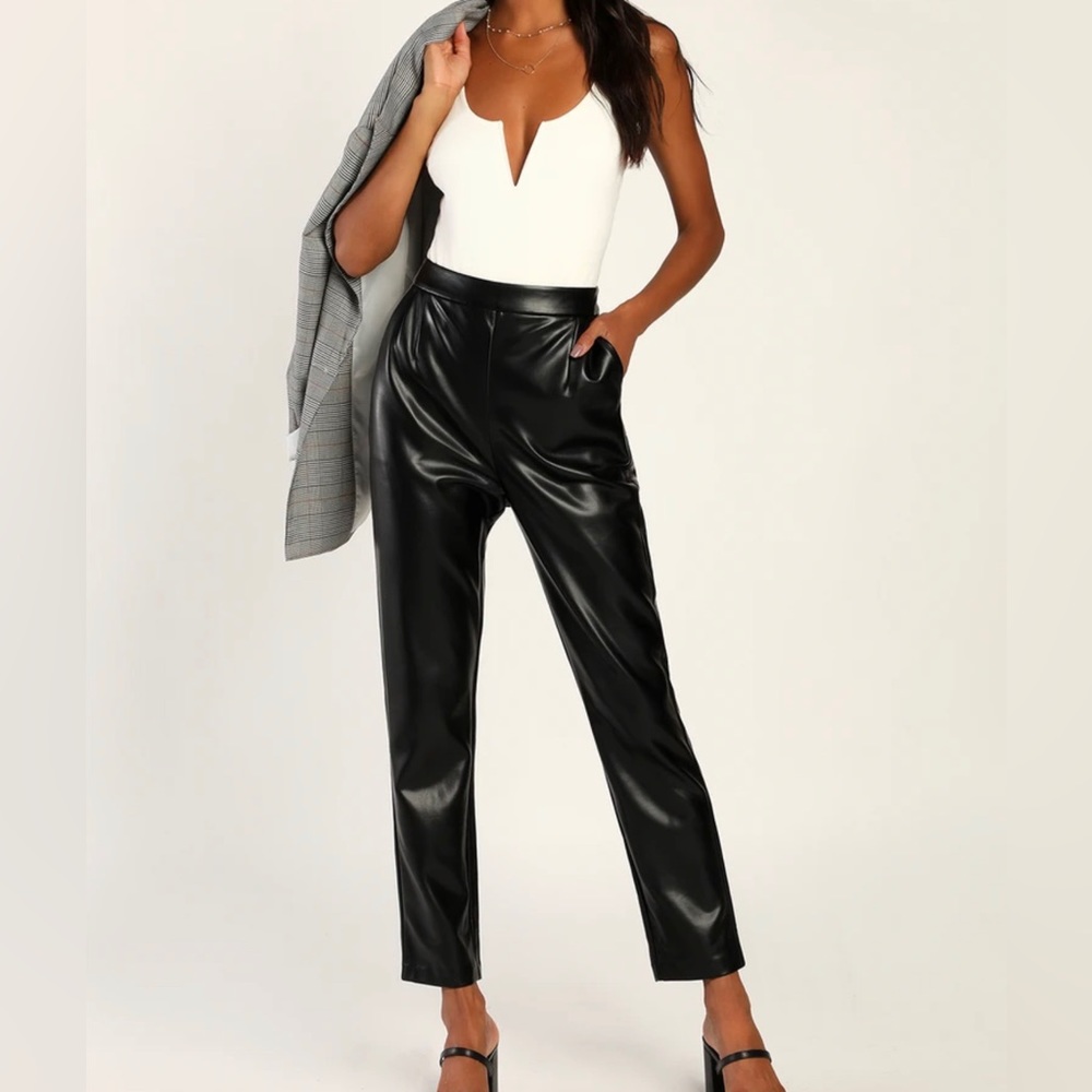 Lulus Black Vegan Leather High-Waisted Trousers Faux Leather Pants Size XL
